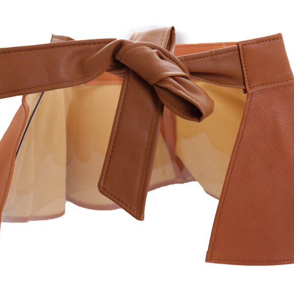 Women Beige Waistband Wrap Around Mini Skirt Tie Belt Gold Metal Plate Fit S M main image 11